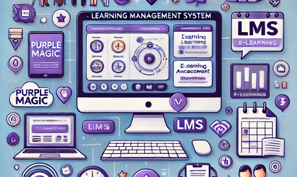 DALL·E 2024-07-29 20.15.22 – An illustration depicting the concept of a Learning Management System (LMS). The central focus is a computer screen displaying a dashboard with variou